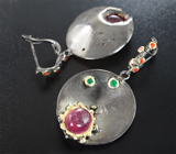 Серебряные серьги с пурпурными сапфирами, хризопразом и оранжевыми опалами Серебро 925