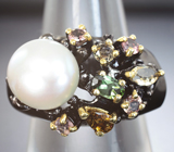 Серебряное кольцо с жемчужиной, разноцветными турмалинами и цитрином