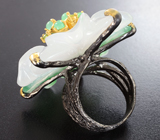 Серебряное кольцо с крупным резным нефритом, хризопразом и перидотами Серебро 925