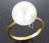 Золотое кольцо с крупной морской жемчужиной 11,78 карата и синими сапфирами Золото