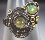 Серебряное кольцо с желтым турмалином, кристаллическим эфиопским опалом и разноцветными сапфирами
