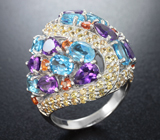 Праздничное серебряное кольцо с голубыми топазами, аметистами, оранжевыми и желтыми сапфирами