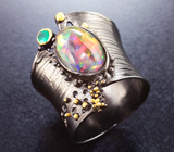 Серебряное кольцо с кристаллическим черным опалом и хризопразом Серебро 925