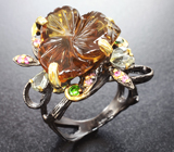 Серебряное кольцо с резным цитрином, диопсидами, зелеными сапфирами и розовыми турмалинами Серебро 925