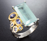 Серебряное кольцо с аквамарином, танзанитами, звездчатым и синими сапфирами Серебро 925