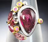 Серебряное кольцо с рубеллитом турмалином 4,13 карата и пурпурно-розовыми сапфирами Серебро 925