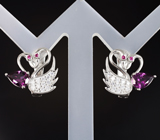 Романтичные серебряные серьги «Пара» с родолитами и лабораторными рубинами 
