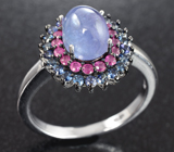 Серебряное кольцо с танзанитом, пурпурно-розовыми и синими сапфирами бриллиантовой огранки