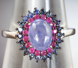 Серебряное кольцо с танзанитом, пурпурно-розовыми и синими сапфирами бриллиантовой огранки