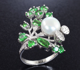 Превосходное серебряное кольцо с жемчужиной и цаворитами Серебро 925