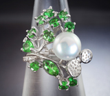 Превосходное серебряное кольцо с жемчужиной и цаворитами Серебро 925