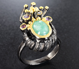 Серебряное кольцо с зеленым бериллом и аметистами