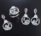 Великолепный серебряный комплект с лунным камнем и родолитами Серебро 925