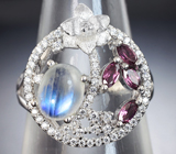 Великолепный серебряный комплект с лунным камнем и родолитами Серебро 925