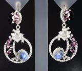 Великолепный серебряный комплект с лунным камнем и родолитами Серебро 925