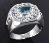 Стильное серебряное кольцо с голубым топазом, танзанитами и родолитами гранатами Серебро 925