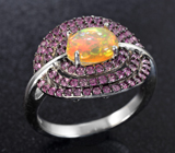 Серебряное кольцо с кристаллическим эфиопским опалом и розовыми сапфирами бриллиантовой огранки Серебро 925