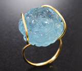 Золотое кольцо с крупным насыщенным резным аквамарином 31,87 карата Золото