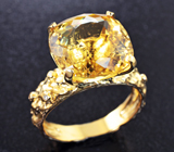 Золотое кольцо с редким крупным насыщенно-желтым турмалином и бриллиантами 14,61 карата Золото