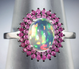 Серебряное кольцо с кристаллическим эфиопским опалом и розовыми сапфирами бриллиантовой огранки Серебро 925