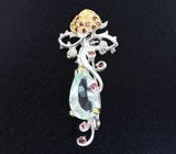 Серебряная брошь/кулон с зеленым бериллом 14+ карат, розовыми турмалинами и родолитами Серебро 925