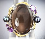 Серебряное кольцо с дымчатым кварцем, цветным жемчугом, аметистами и синими сапфирами