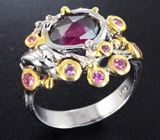 Серебряное кольцо с арбузным турмалином и розовыми сапфирами Серебро 925