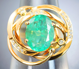 Золотое кольцо с редким ярко-неоновым уральским изумрудом 3,8 карата и бриллиантами Золото