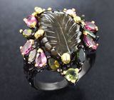 Серебряное кольцо с резным 10+ карат и ограненными разноцветными турмалинами Серебро 925