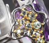 Серебряное кольцо с аметистом 29,14 карата, празиолитами и зелеными сапфирами
