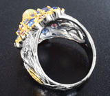 Серебряное кольцо с кристаллическим эфиопским опалом, танзанитами, кианитами и родолитами Серебро 925