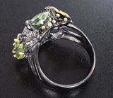 Серебряное кольцо с зеленым аметистом 18+ карата, перидотами, зелеными турмалинами и желтым сапфиром