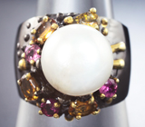 Серебряное кольцо с жемчужиной, цитринами и турмалинами