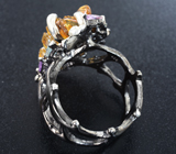 Серебряное кольцо с резным цитрином 12+ карат, голубыми топазами, аметистами и родолитами Серебро 925