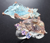 Серебряное кольцо с резными аметрином и голубым топазом, танзанитами и аметистами Серебро 925