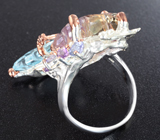 Серебряное кольцо с резными аметрином и голубым топазом, танзанитами и аметистами Серебро 925