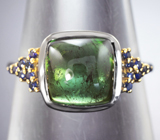 Серебряное кольцо с зеленым турмалином 5,07 карата и синими сапфирами Серебро 925