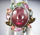 Серебряное кольцо с рубином 12,96 карата, родолитом, разноцветными турмалинами и сапфирами падпараджа Серебро 925