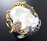 Серебряное кольцо с жемчужиной барокко, синими и пурпурными сапфирами Серебро 925
