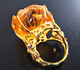 Массивное золотое кольцо с потрясающим резным цитрином 67,03 карата, аметистами и бриллиантами Золото
