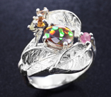Серебряное кольцо с ограненным эфиопским опалом и разноцветными турмалинами Серебро 925