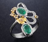 Серебряное кольцо с изумрудами высоких характеристик, золотистыми и желтовато-зелеными сапфирами Серебро 925