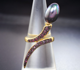 Оригинальное серебряное кольцо с жемчужиной и пурпурными сапфирами Серебро 925