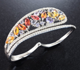 Праздничное серебряное кольцо на два пальца с танзанитами и разноцветными сапфирами Серебро 925