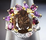 Серебряное кольцо с дымчатым кварцем, родолитами, аметистами, голубыми топазами и розовыми турмалинами