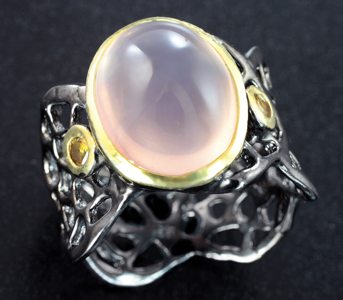 Серебряное кольцо с розовым кварцем и цитринами