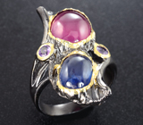 Серебряное кольцо с рубином, синим сапфиром и аметистами Серебро 925