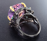 Серебряное кольцо с аметистом 25+ карата, родолитами гранатами и апатитами