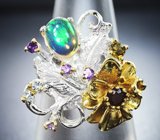 Серебряное кольцо с эфиопским опалом, родолитом, желтым турмалином, аметистами и голубыми топазами