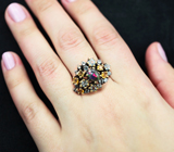 Серебряное кольцо с кристаллическим черным опалом, голубыми топазами и цитринами